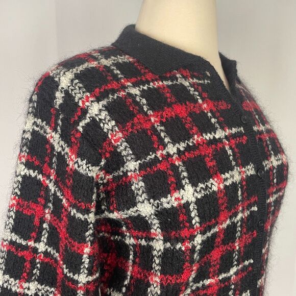 Vintage Cardigan Sweater Womens Size Large Black Red Check Plaid Mohair Wool 90s - Picture 3 of 11